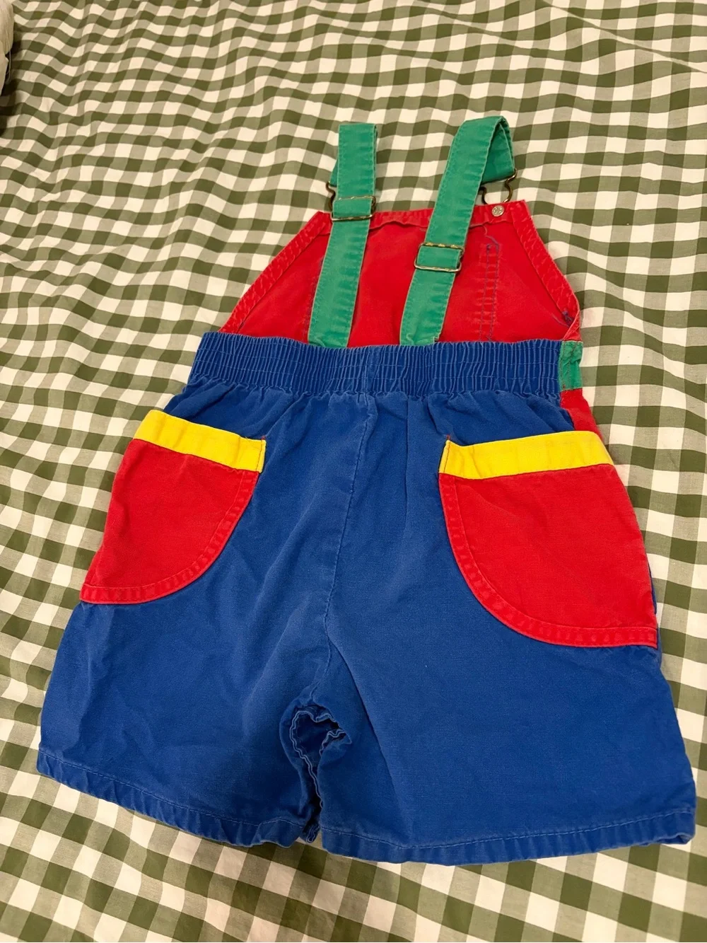 Vintage OshKosh B'gosh Bright Blue Short Overalls with Red & Green Accents